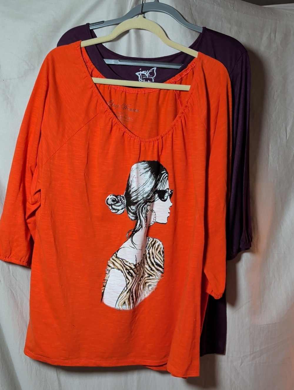 Bundle Of Two Women’s Tops Orange Graphic Scoop Neck And Purple Gold Tunic